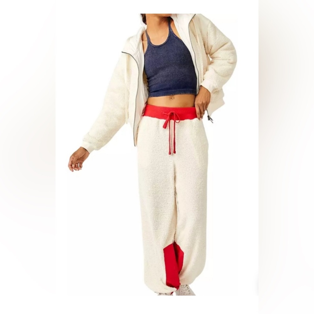 NWT FP Movement Cuddle Up Pants Ivory Red Fuzzy Cozy Joggers XS